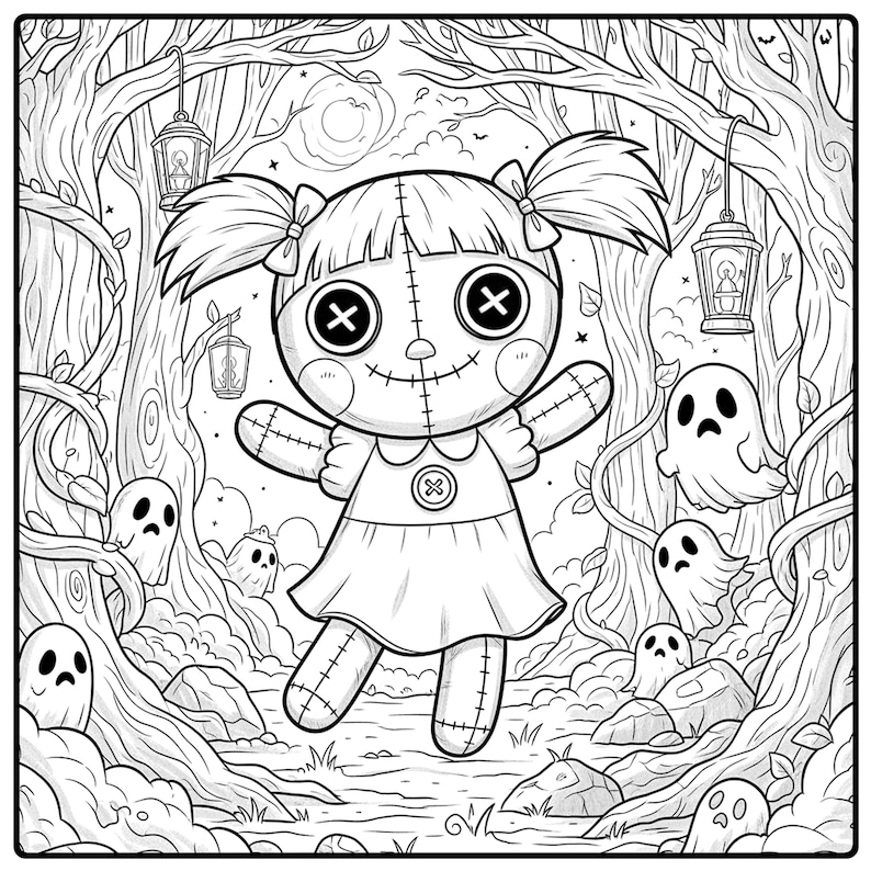 K&ouml;nnte beinhalten: Schwarz-Wei&szlig;-Illustration einer Voodoo-Puppe mit Knopfaugen und gen&auml;hten Merkmalen, in einer gruseligen Waldszene. Die Puppe ist von Geistern, B&auml;umen, Laternen und Ranken umgeben, was ein Halloween-Thema erzeugt.