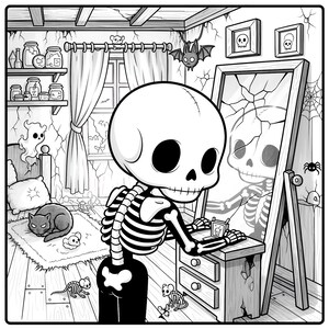 May include: Black and white cartoon illustration of a skeleton looking in a cracked mirror. The skeleton is in a room with Halloween decorations, including a bat, spider, and ghost. A cat is sleeping on a rug.