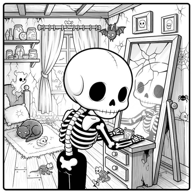 May include: Black and white cartoon illustration of a skeleton looking in a cracked mirror. The skeleton is in a room with Halloween decorations, including a bat, spider, and ghost. A cat is sleeping on a rug.