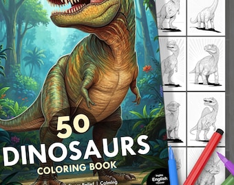 Dinosaurier-Malbuch. 50 detailreiche Illustrationen + Cover für Kinder und Erwachsene. Entspannung, Stressabbau und Spaß. Sofortiger digitaler Download