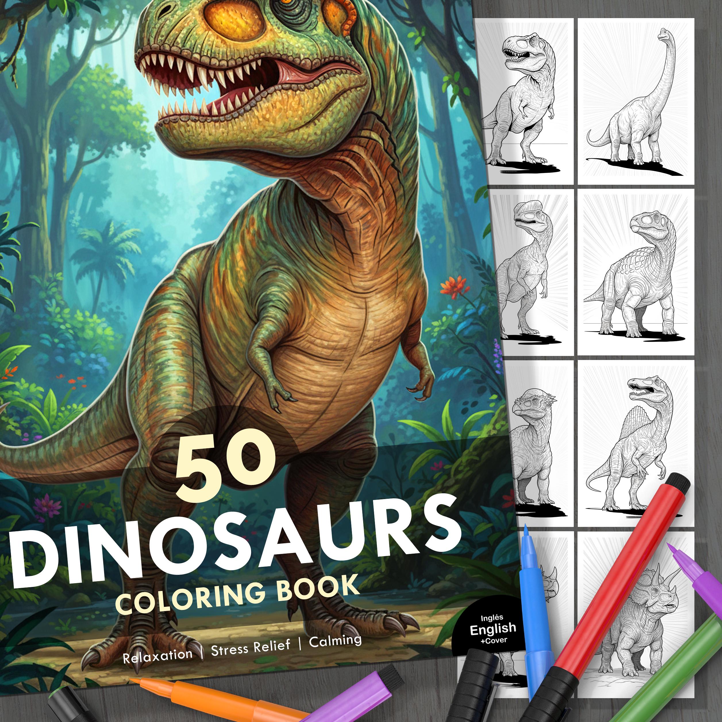 恐竜ぬりえ。50枚の詳細なイラストと表紙付き。子供から大人まで楽しめます。リラックス、ストレス解消、そして楽しいひとときを。デジタル版を今すぐダウンロード  - Etsy 日本, image size:2513x2513