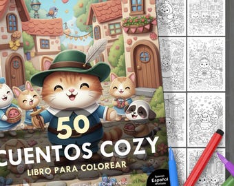 May include: A coloring book titled "50 Cozy Tales" in Spanish, featuring illustrations of cartoon cats and a raccoon in a whimsical village setting. The cover has the text "Libro Para Colorear" and the words "Relaxation | Anti-stress | Calm | Creativity".