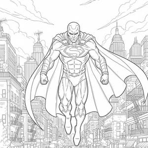 May include: A monochrome illustration of a superhero soaring above a city. The figure wears a suit with an 'S' emblem and a cape. The background shows buildings and vehicles, creating a dynamic urban scene.