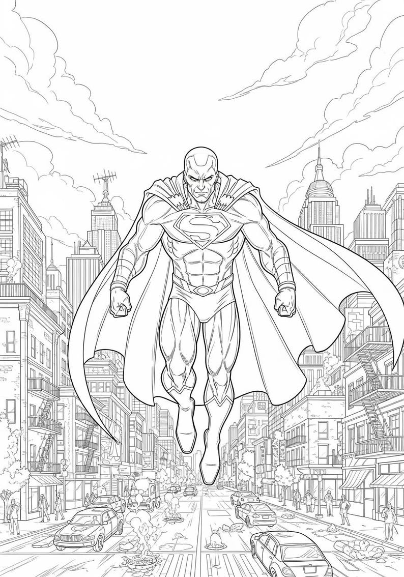 May include: A monochrome illustration of a superhero soaring above a city. The figure wears a suit with an 'S' emblem and a cape. The background shows buildings and vehicles, creating a dynamic urban scene.