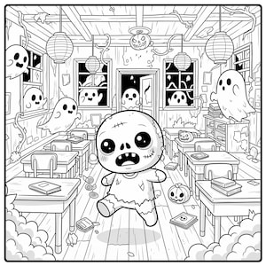 K&ouml;nnte beinhalten: Schwarz-Wei&szlig;-Cartoon-Illustration einer Klassenzene mit Geistern, K&uuml;rbissen und einem Zombie. Schreibtische, Fenster und Papierlaternen sind sichtbar. Der Zombie befindet sich im Vordergrund, mit einem gen&auml;hten Kopf und zerrissener Kleidung.