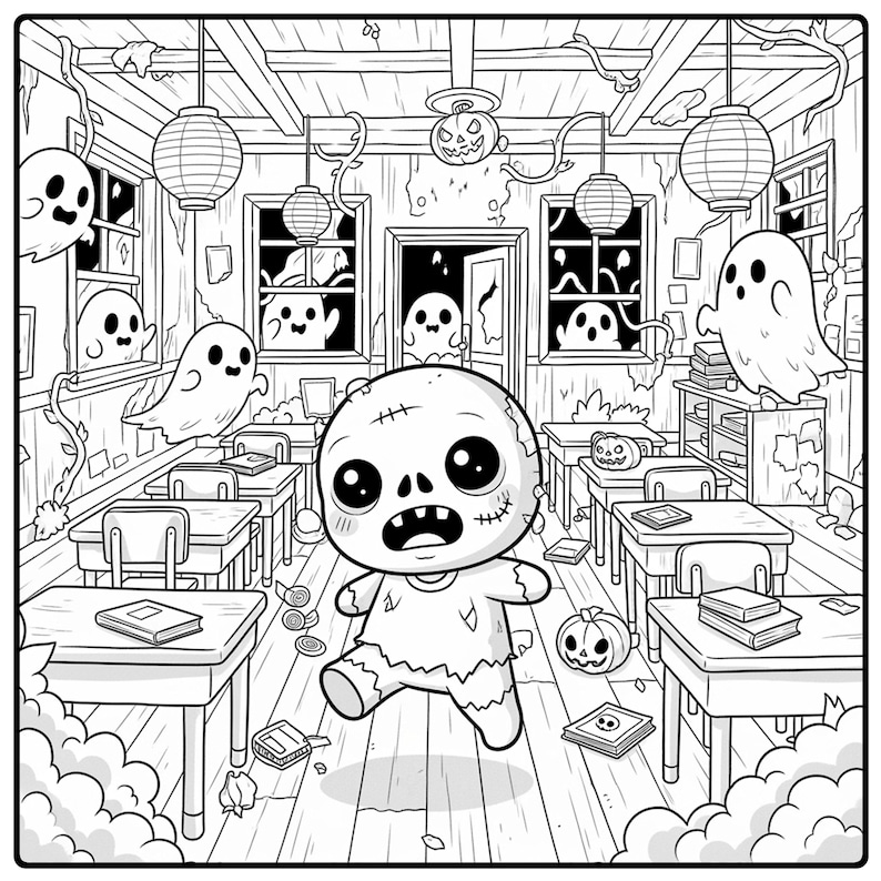 K&ouml;nnte beinhalten: Schwarz-Wei&szlig;-Cartoon-Illustration einer Klassenzene mit Geistern, K&uuml;rbissen und einem Zombie. Schreibtische, Fenster und Papierlaternen sind sichtbar. Der Zombie befindet sich im Vordergrund, mit einem gen&auml;hten Kopf und zerrissener Kleidung.