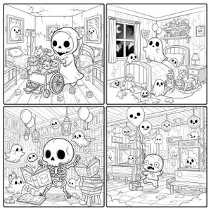 K&ouml;nnte beinhalten: Schwarz-wei&szlig;e Comic-Illustrationen zum Thema Halloween. Die Panels zeigen einen Sensenmann, der einen Spielzeugwagen schiebt, Geister in einem Schlafzimmer, ein Skelett beim Lesen und einen Zombie, der zu einem Ticketschalter rennt.