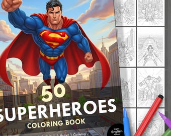 50 Superheroes. Coloring Book with Superhero Pages for Adults, Teens and Children. Book with Epic Urban Scenes. Relaxation and Stress Relief