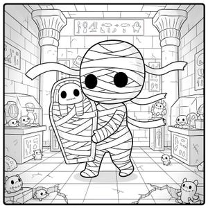 May include: Black and white cartoon illustration of a mummy carrying a sarcophagus in an ancient Egyptian tomb. The mummy has large black eyes and is wrapped in bandages. The sarcophagus has a skull design.