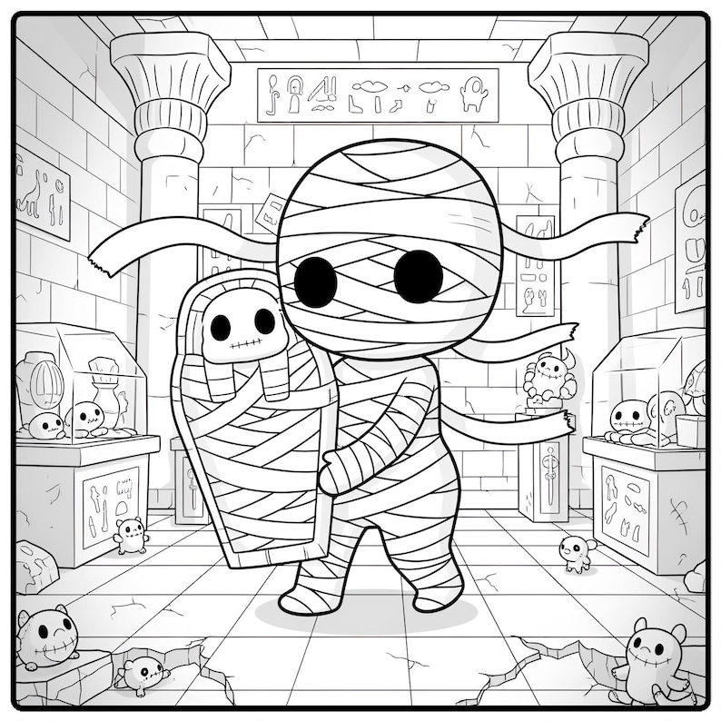May include: Black and white cartoon illustration of a mummy carrying a sarcophagus in an ancient Egyptian tomb. The mummy has large black eyes and is wrapped in bandages. The sarcophagus has a skull design.