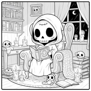 May include: A black and white illustration of a cartoon grim reaper character reading a book while seated in a chair. The room includes a bookshelf, candles, and a window with a moon. A stack of books and a stuffed toy are also present.