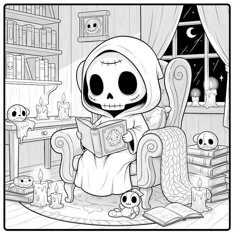 May include: A black and white illustration of a cartoon grim reaper character reading a book while seated in a chair. The room includes a bookshelf, candles, and a window with a moon. A stack of books and a stuffed toy are also present.