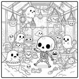K&ouml;nnte beinhalten: Schwarz-Wei&szlig;-Illustration einer Gew&auml;chshaus-Szene mit Cartoon-Geistern, Pflanzen und einem Skelett. Die Pflanzen befinden sich in T&ouml;pfen und H&auml;ngek&ouml;rben mit l&auml;chelnden Gesichtern. Ein Skelett tanzt in der Mitte, umgeben von Gartenger&auml;ten.