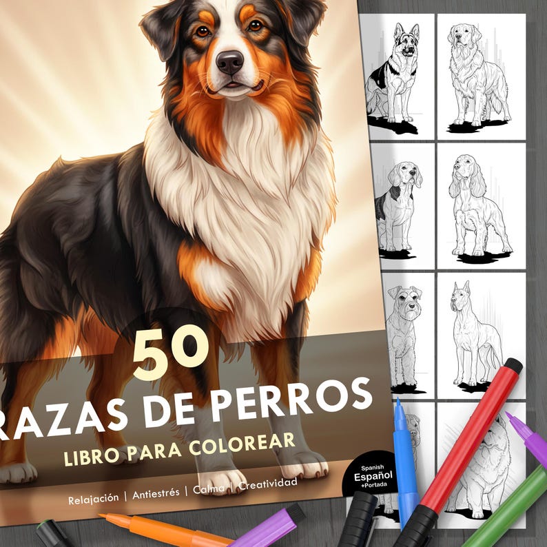 K&ouml;nnte beinhalten: Ein Malbuch mit dem Titel "50 Razas de Perros" mit einer detaillierten Illustration eines Hundes auf dem Cover. Das Buch enth&auml;lt Strichzeichnungen verschiedener Hunderassen. Farbstifte in Orange, Rot, Blau und Lila sind sichtbar.