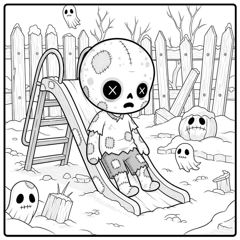 May include: Black and white illustration of a zombie child on a playground slide. The zombie has stitched patches and X-shaped eyes. Ghosts and a jack-o'-lantern are also present, set against a wooden fence and snowy ground.
