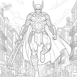 May include: Line art illustration of a superhero in a city setting. The character is depicted mid-air, wearing a detailed costume with a cape and holding a sword. Buildings and vehicles are visible in the background, creating a dynamic comic book style scene.