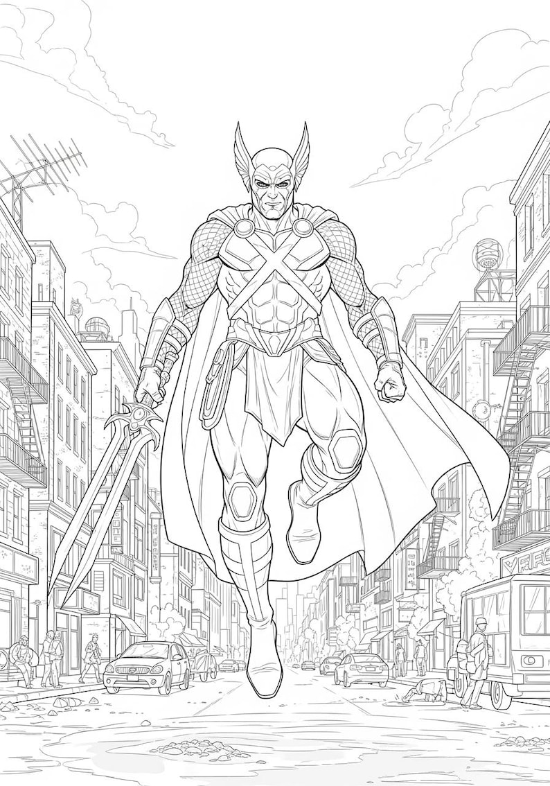 May include: Line art illustration of a superhero in a city setting. The character is depicted mid-air, wearing a detailed costume with a cape and holding a sword. Buildings and vehicles are visible in the background, creating a dynamic comic book style scene.