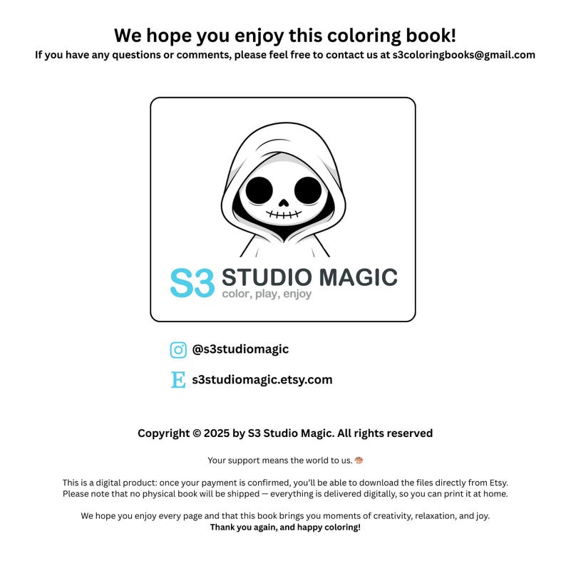 May include: White background with text: "We hope you enjoy this coloring book!" and "S3 STUDIO MAGIC color, play, enjoy." A cartoon grim reaper is in the center. Includes social media handles and copyright information.