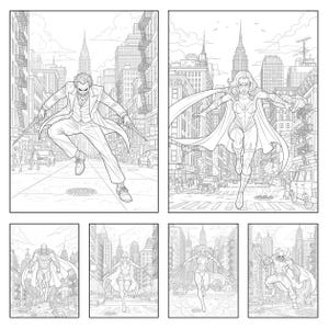 May include: Black and white line art of comic book characters in a city setting. The top panels feature a villain with knives and a superheroine. The bottom panels show additional superheroes in flight.