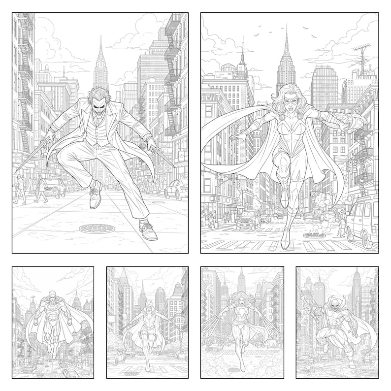 May include: Black and white line art of comic book characters in a city setting. The top panels feature a villain with knives and a superheroine. The bottom panels show additional superheroes in flight.