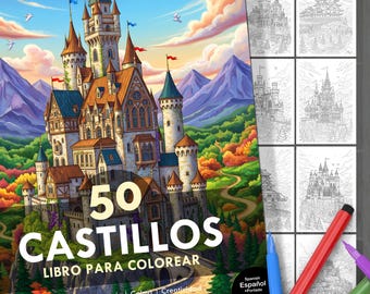 Målarbok med slott. 50 illustrationer + omslag för barn och vuxna. Avkoppling, stresslindring och kreativt kul. Digital nedladdning.