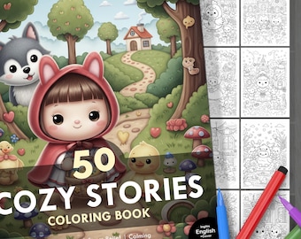 Cozy Stories Coloring Book. 50 Cozy Illustrations + Cover. Kids & Adults. Relaxation, Stress Relief, Creative Fun. Instant Digital Download