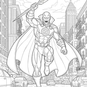 May include: Line art illustration of a superhero in a city setting. The character is in mid-air, holding a spear. The superhero is wearing a costume with a cape and a chest emblem. Buildings and cars are in the background.