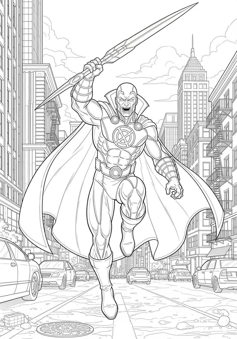 May include: Line art illustration of a superhero in a city setting. The character is in mid-air, holding a spear. The superhero is wearing a costume with a cape and a chest emblem. Buildings and cars are in the background.