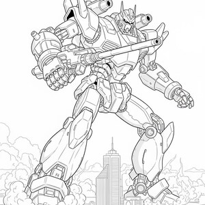 May include: Line art illustration of a giant robot striding over a city. The robot is heavily armored with multiple cannons and a large weapon. The city below is rendered in detail, with smoke and clouds adding to the dramatic scene.