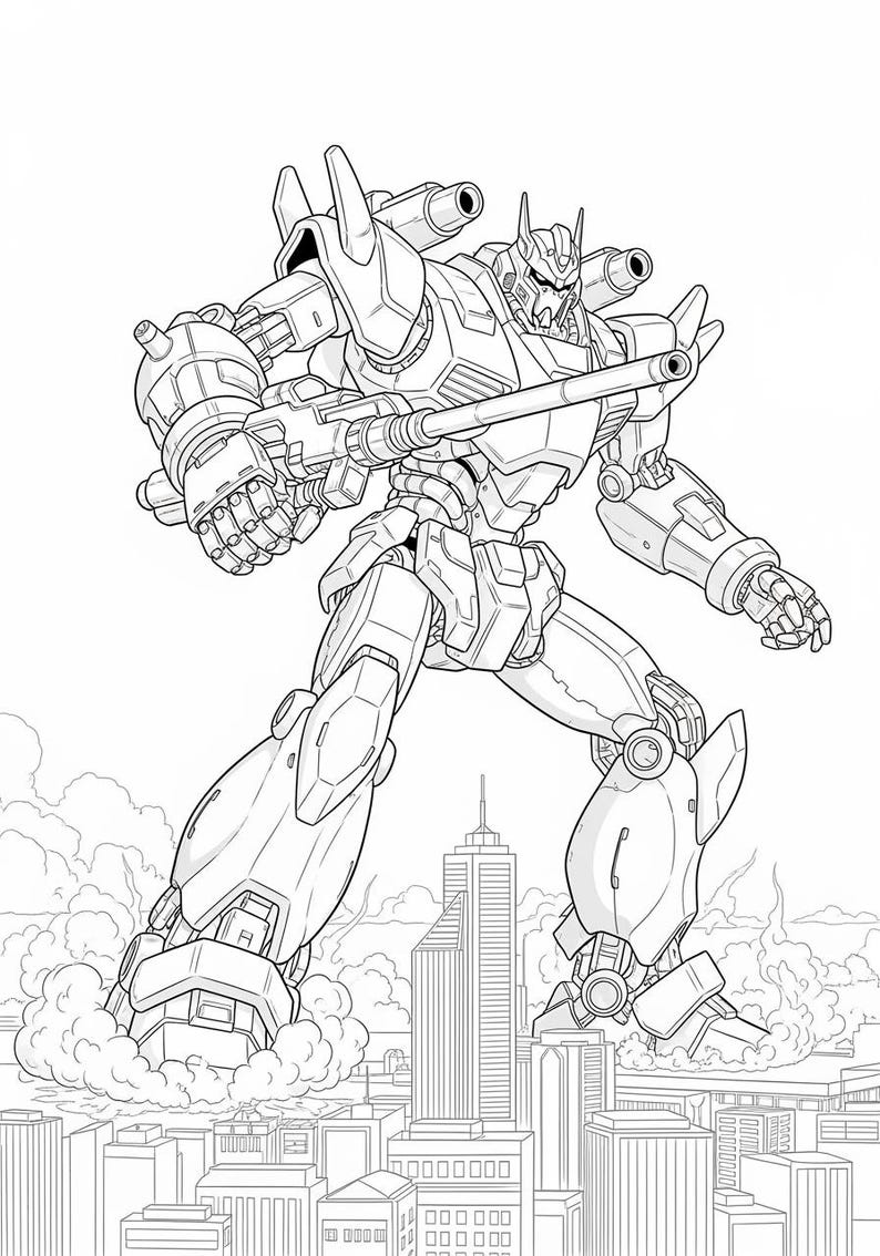 May include: Line art illustration of a giant robot striding over a city. The robot is heavily armored with multiple cannons and a large weapon. The city below is rendered in detail, with smoke and clouds adding to the dramatic scene.