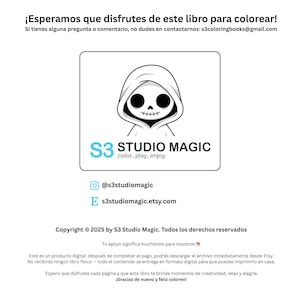 May include: Digital coloring book cover featuring a black and white hooded skull illustration. The text reads "S3 Studio Magic" and "color, play, enjoy". Includes social media handles and Etsy shop link.