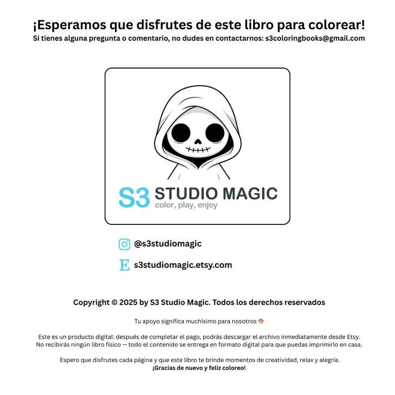 May include: Digital coloring book cover featuring a black and white hooded skull illustration. The text reads "S3 Studio Magic" and "color, play, enjoy". Includes social media handles and Etsy shop link.