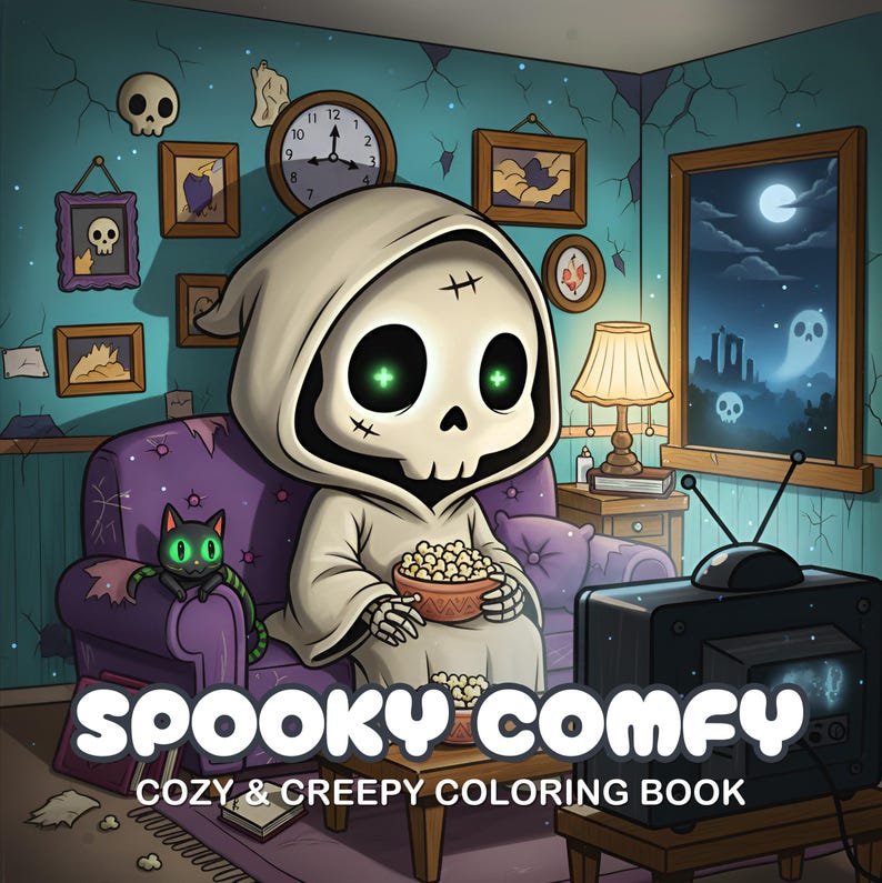 May include: A cartoon illustration of a skeleton character in a hooded robe, seated on a purple couch, holding popcorn, and watching TV. A black cat with glowing green eyes sits nearby. The image is labeled "Spooky Comfy: Cozy & Creepy Coloring Book."