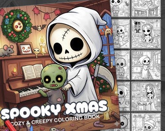 Spooky XMAS. Cozy & Creepy Christmas Coloring Book. Coloring Book 50 Cute Horror Characters in Christmas Scenes. Spooky Christmas Drawings