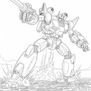 May include: Line art illustration of a large robot with a cannon, standing over a city. The robot is detailed with mechanical parts and is in a dynamic pose, with an explosion in the background.