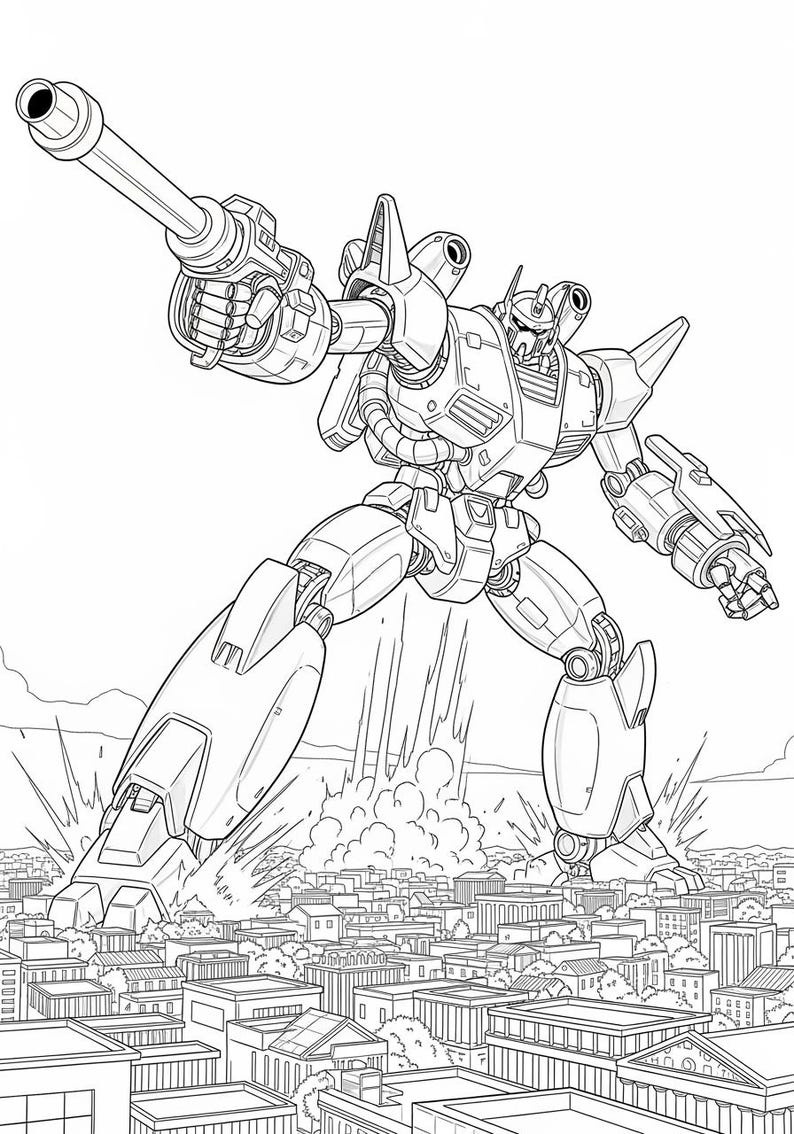 May include: Line art illustration of a large robot with a cannon, standing over a city. The robot is detailed with mechanical parts and is in a dynamic pose, with an explosion in the background.