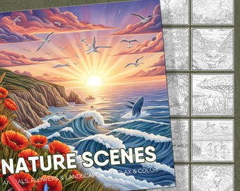 Peut inclure: Un livre de coloriage intitulé "Nature Scenes" avec une illustration d'un coucher de soleil sur l'océan, une baleine et des mouettes. La couverture présente des coquelicots rouges et le texte "Animals, Flowers & Landscapes to Relax & Color."
