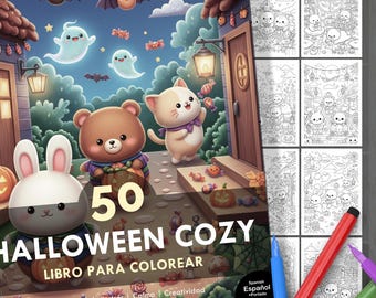 Cozy Halloween Coloring Book – 50 Illustrations + Cover for Kids & Adults. Relaxation, Stress Relief, Creative Fun. Instant Digital Download