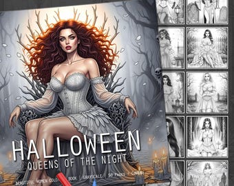 Queens of the Night. Halloween Coloring Book. 50 Halloween Drawings with Eerie Women. Gothic and Mysterious Women Halloween Coloring Pages