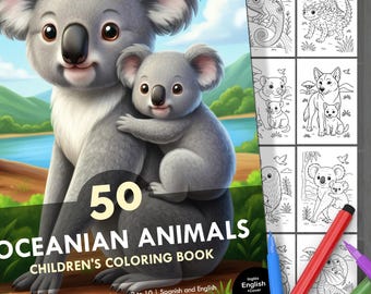 Malbuch Ozeanien Tiere. 50 lustige Tierseiten + Cover für Kinder von 2-10 Jahren. Lernen, Spielen & Malen. Sofortiger digitaler Download. Spanisch und Englisch