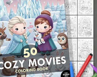 Cozy Movie Coloring Book. 50 Fun Illustrations + Cover. Kids and Adults. Relaxation, Stress Relief, Creative Fun. Instant Digital Download