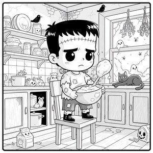 May include: Black and white illustration of a Frankenstein-like character in a kitchen, stirring a bowl. The scene includes Halloween-themed decorations, a cat, ghosts, and a carton of milk, creating a spooky, cartoonish atmosphere.