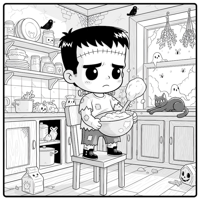 May include: Black and white illustration of a Frankenstein-like character in a kitchen, stirring a bowl. The scene includes Halloween-themed decorations, a cat, ghosts, and a carton of milk, creating a spooky, cartoonish atmosphere.