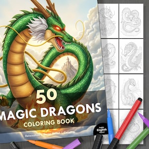 Puede incluir: Un libro para colorear titulado "50 Magic Dragons" con una ilustración de un dragón verde. La portada presenta un dragón detallado con un castillo en el fondo. El libro está acompañado de un juego de rotuladores de colores y una página con contornos de dragones.