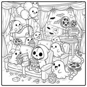 K&ouml;nnte beinhalten: Schwarz-Wei&szlig;-Illustration eines Spukkinos. Geister sitzen im Kino, genie&szlig;en Popcorn und sehen sich einen Film an, der von einer alten Filmkamera projiziert wird. Ballons und Flederm&auml;use schm&uuml;cken die Szene und schaffen eine gruselige Atmosph&auml;re.