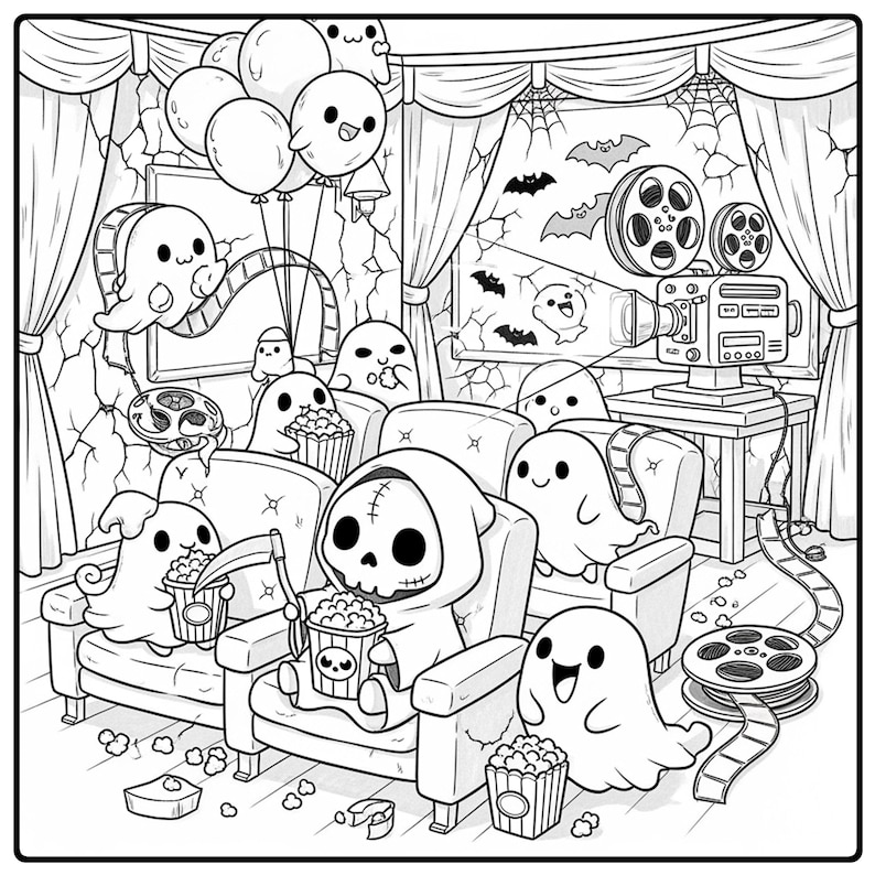 K&ouml;nnte beinhalten: Schwarz-Wei&szlig;-Illustration eines Spukkinos. Geister sitzen im Kino, genie&szlig;en Popcorn und sehen sich einen Film an, der von einer alten Filmkamera projiziert wird. Ballons und Flederm&auml;use schm&uuml;cken die Szene und schaffen eine gruselige Atmosph&auml;re.