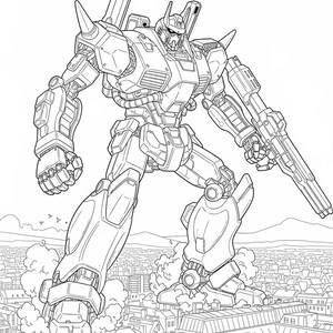 May include: Detailed black and white illustration of a giant robot striding over a city. The robot has a complex, mechanical design with a large gun. Buildings and a cityscape are visible below the robot.