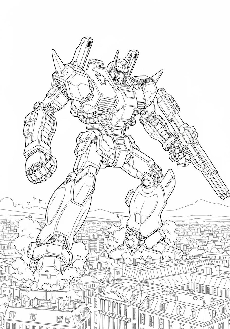 May include: Detailed black and white illustration of a giant robot striding over a city. The robot has a complex, mechanical design with a large gun. Buildings and a cityscape are visible below the robot.