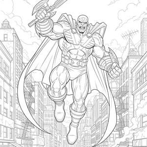 May include: Black and white line art illustration of a superhero in a dynamic pose, wielding a sword and a bladed gauntlet. The character is mid-air, with a cityscape in the background. The image is in black and white.