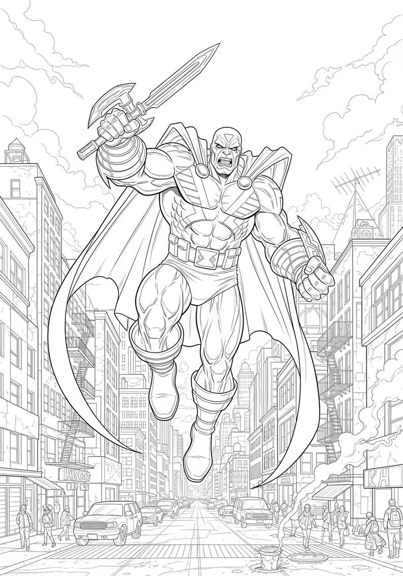May include: Black and white line art illustration of a superhero in a dynamic pose, wielding a sword and a bladed gauntlet. The character is mid-air, with a cityscape in the background. The image is in black and white.